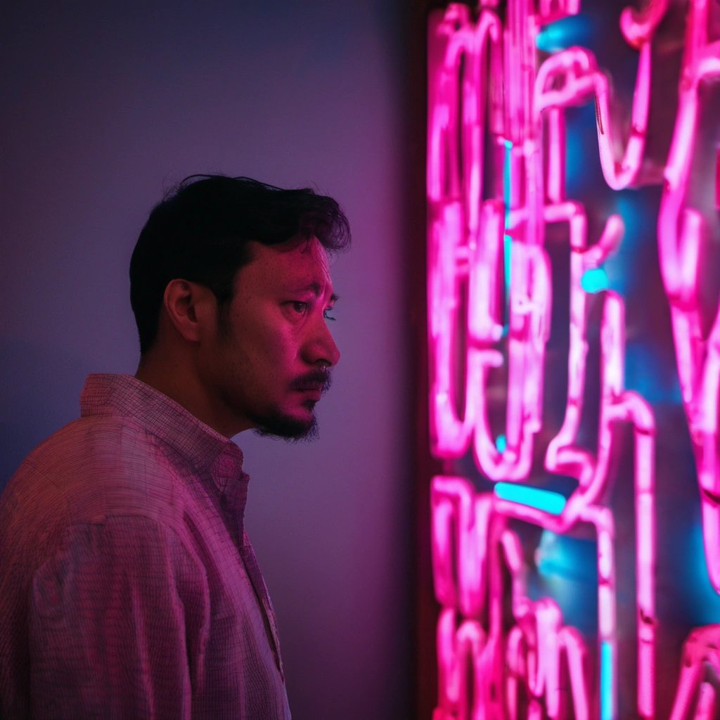 Man looking at Parangaricutirimirruaro in neon lights