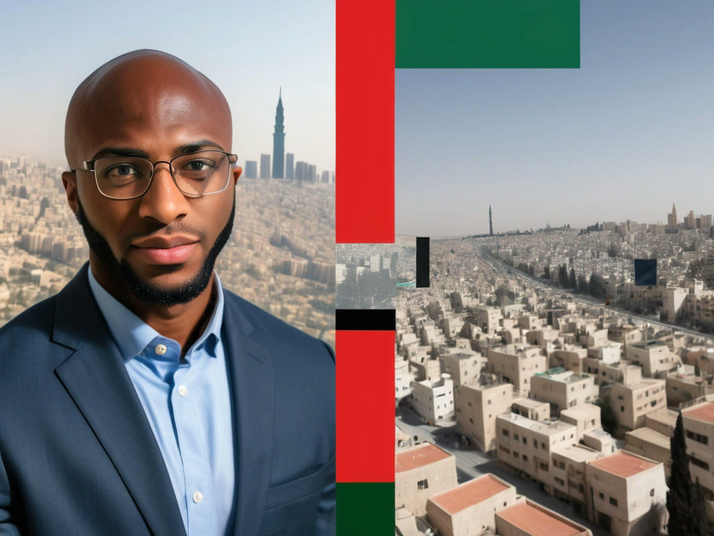 a split-screen image with Jamaal Bowman on one side and a Palestinian cityscape on the other, symbolizing the connection between domestic and international politics