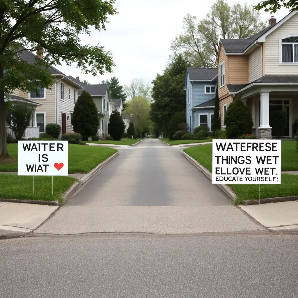 Neighborhood sign war: “WATER IS WET” vs “WATER MAKES THINGS WET”