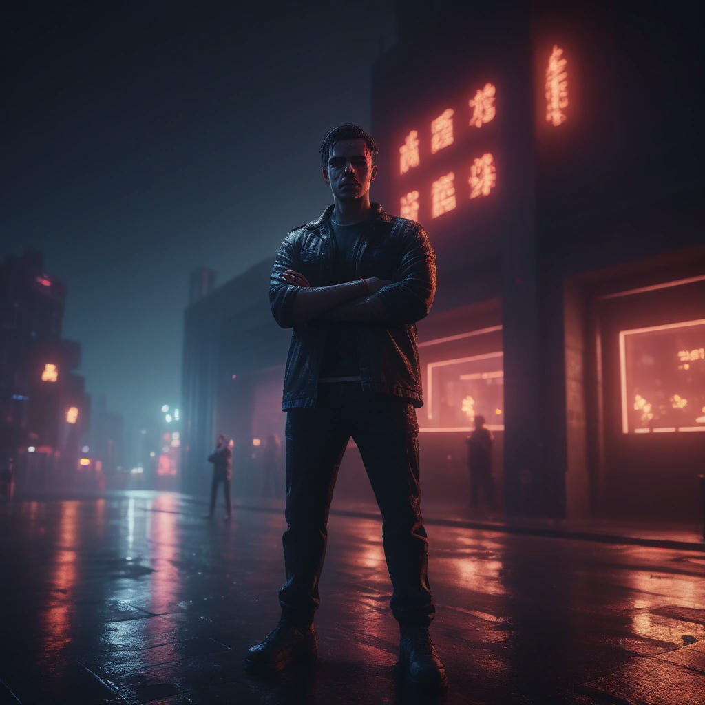 A figure standing in front of a burning building, arms crossed, with a smirk on their face, cityscape at night, neon lights reflecting off the wet pavement, cinematic lighting, high contrast, 4k, hyper-realistic, trending on artstation