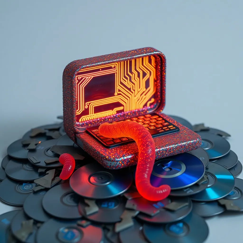 A comically tiny, glitter-encrusted laptop made of recycled soda cans sitting on a pile of shredded Windows installation discs, glowing with neon circuit patterns, a single gummy worm draped over the keyboard