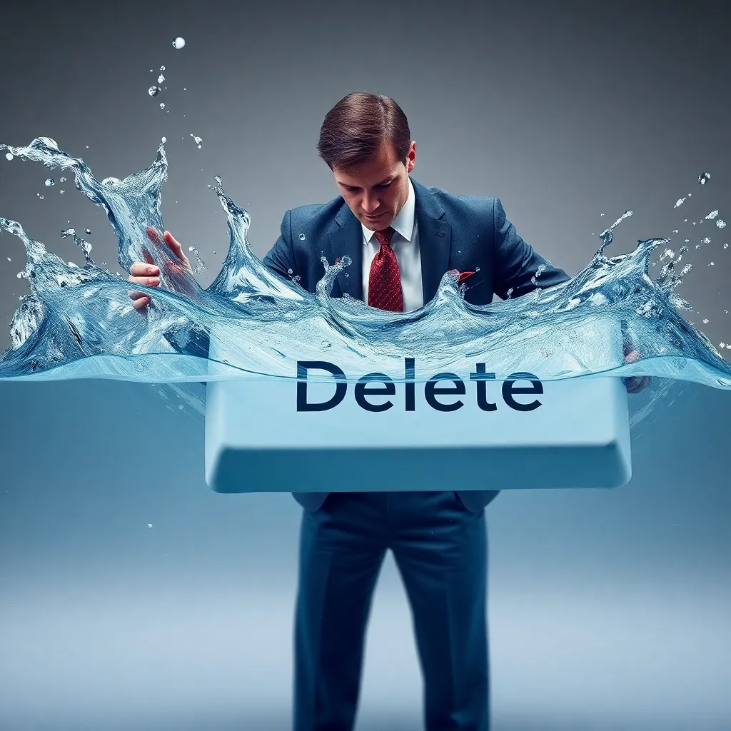A man in a suit trying to delete a physical pile of water with a giant keyboard 'Delete' key, splashing everywhere, absurdism, hyper-realistic photography