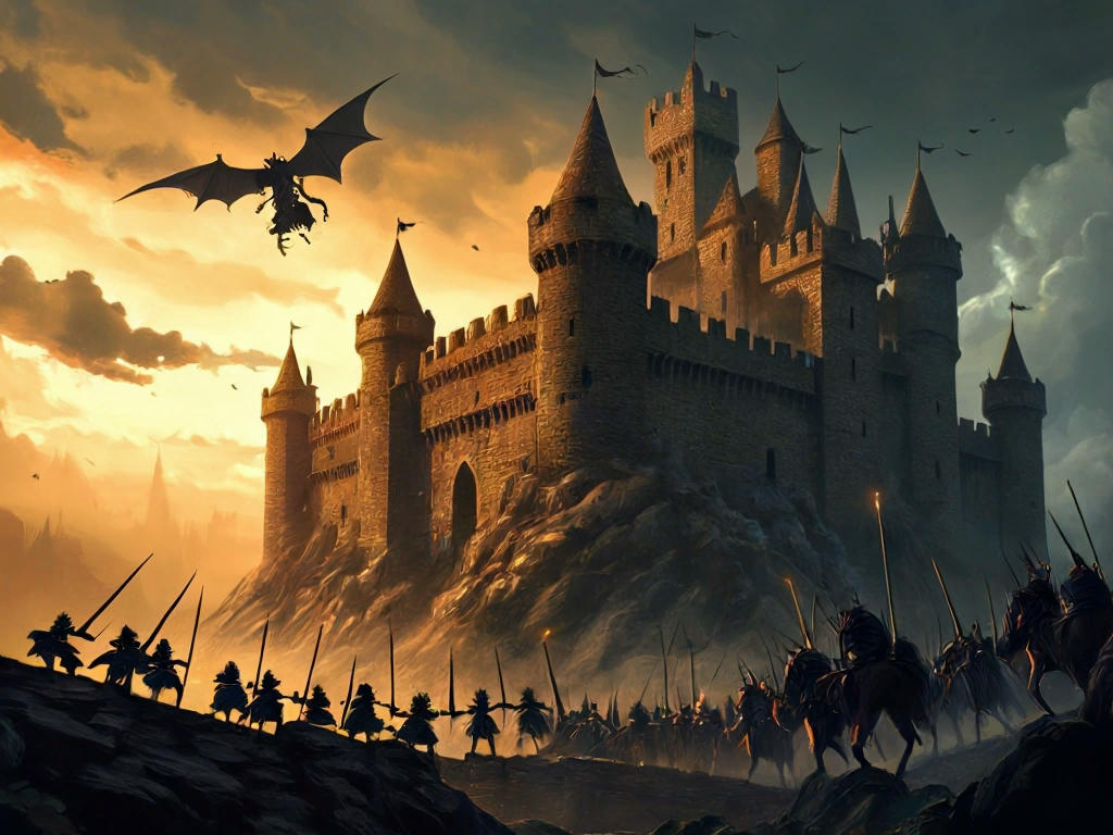 A medieval fortress under siege, with a lone CrowStrike knight standing atop the battlements, defending against a horde of malware monsters, fantasy art style, detailed, high-resolution, dramatic lighting