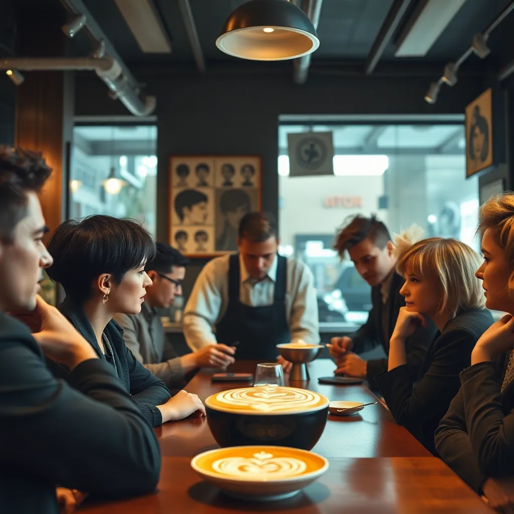 trendy cafe filled with fashionable people discussing a mysterious haircut symbol, barista making latte art shaped like stylized bangs, patrons with eccentric hairstyles looking deeply philosophical, warm interior lighting, surreal editorial realism