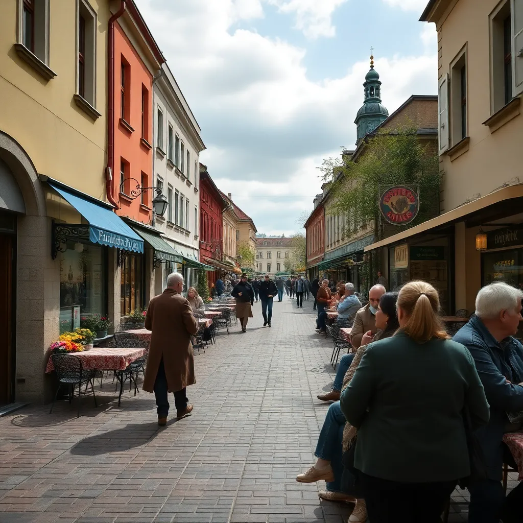 урочиста міська площа, натовп людей з різноманітними прапорами та стрічками всіх кольорів, святкова атмосфера єдності, яскраві кольори, сучасне українське місто, детально, реалістично, тепле світло