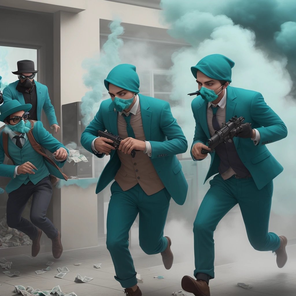 Teal-clad robbers bursting into bank