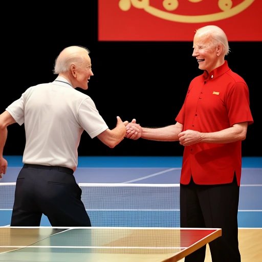 Photograph of Biden and Xi Jinping shaking hands with a ping pong table in the background