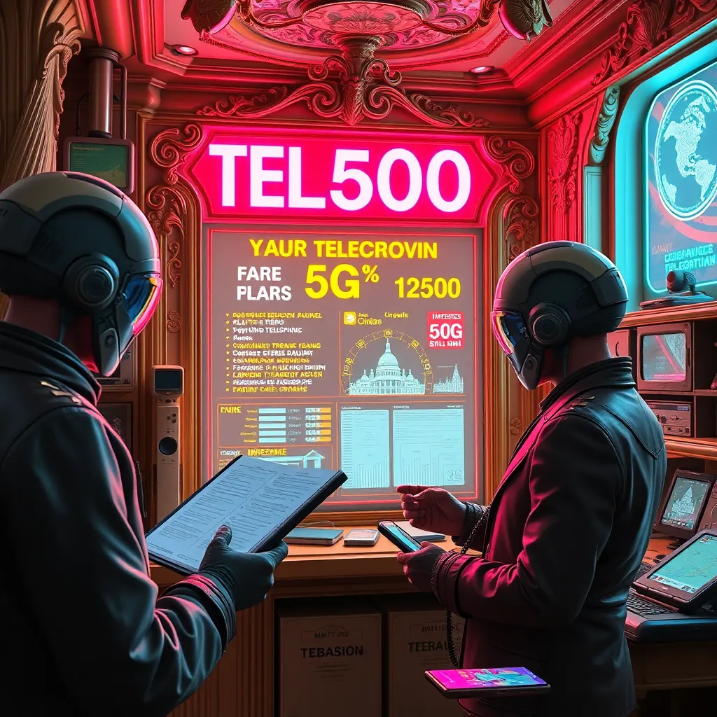 ridiculously ornate telecom store in year 12500 advertising ancient 5G plans, futuristic Ukrainian customers studying holographic tariffs with reverence, mix of ultra-advanced alien gadgets and comically obsolete smartphones, colorful neon bureaucracy aesthetic