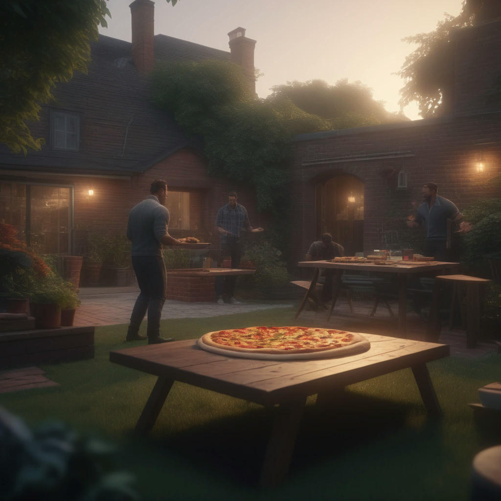 a group of friends sneaking into a neighbor's backyard, avoiding a small dog, trying to reach a pizza on a table, warm and cozy atmosphere, cinematic lighting, 4k, hyper-realistic, detailed, trending on artstation