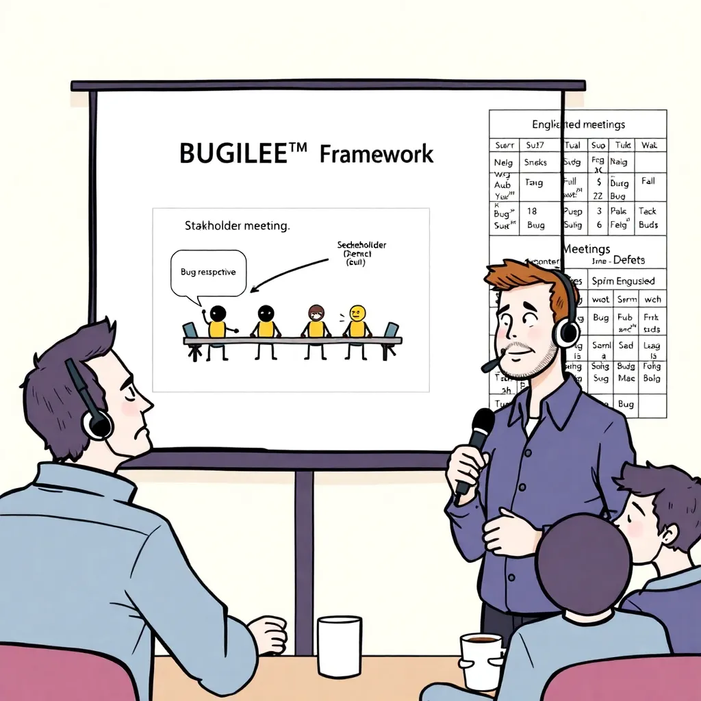 Agile coach Trevor Bains presenting BUGILE™ with bugs as stakeholders