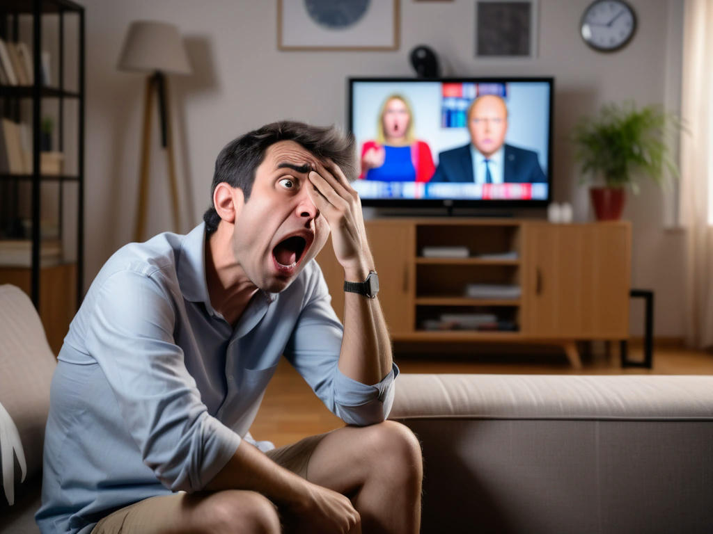 bewildered voter scratching head while watching news on TV, living room setting with a mix of confusion and amusement