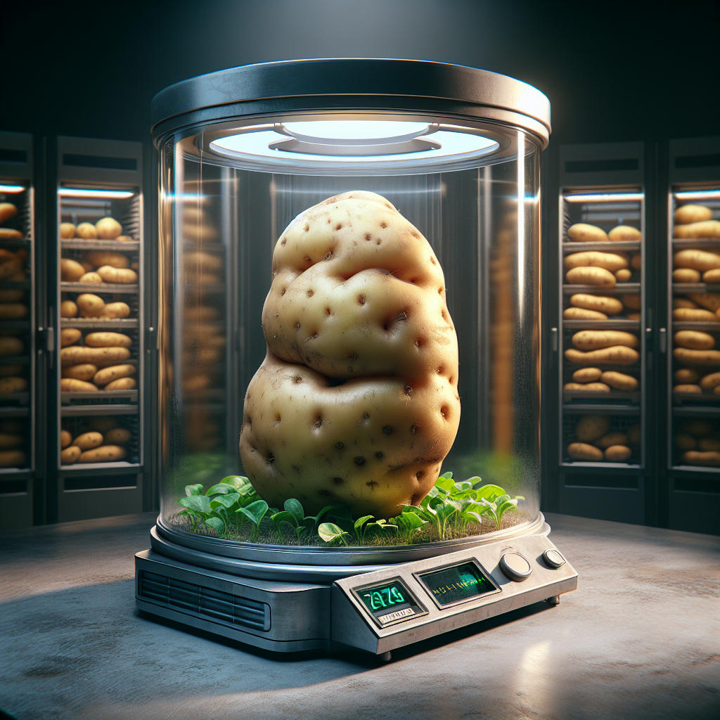 A regal potato in a climate-controlled chamber, with intricate details, hyper-realistic, photorealistic, dramatic lighting