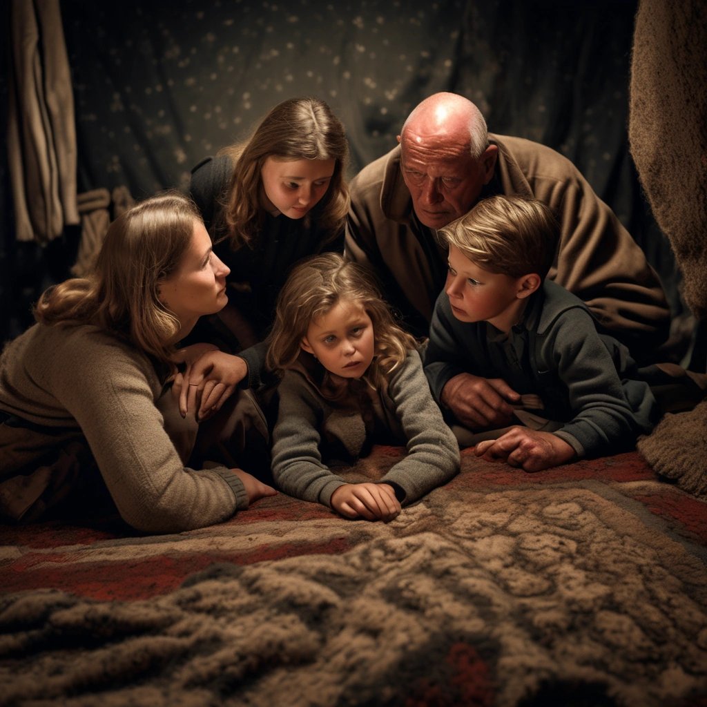 German family sheltering under a carpet