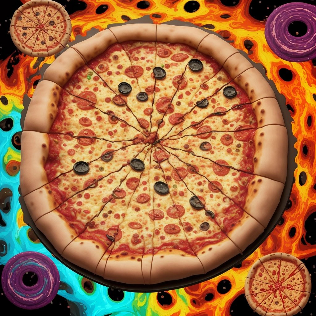 Pizza appearing amidst chaos
