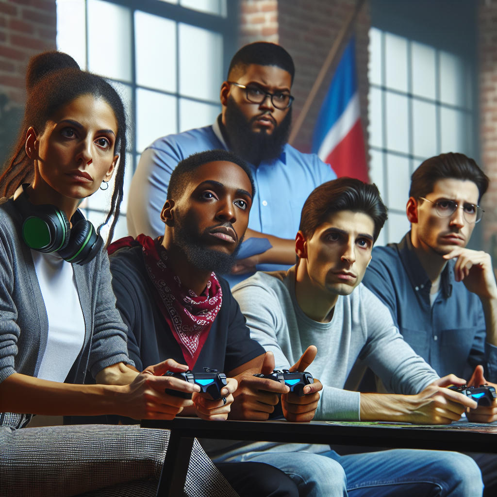 a diverse group of gamers in a community meeting, discussing serious issues, modern setting, realistic, high detail, expressions of concern and determination