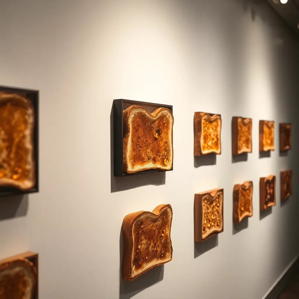 A close-up of a gallery wall where a series of framed, soggy pieces of toast are displayed as high art, with water droplets glistening under a spotlight.