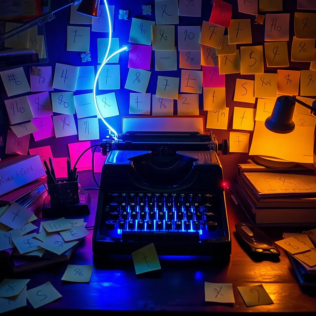 A chaotic desk covered in sticky notes with strange symbols like @, %, and $, a vintage typewriter modified with glowing fiber optic cables, surreal atmosphere