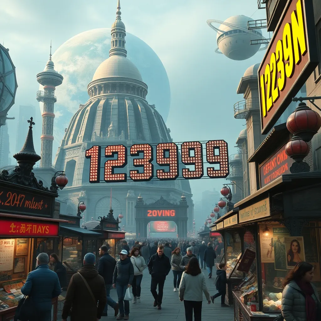 ancient Earth landmarks merged with futuristic orbital elevators and alien tourism, giant countdown displays showing the last days of year 12999, citizens buying new calendars, street vendors selling bizarre divine-themed souvenirs, festive and chaotic atmosphere, richly detailed