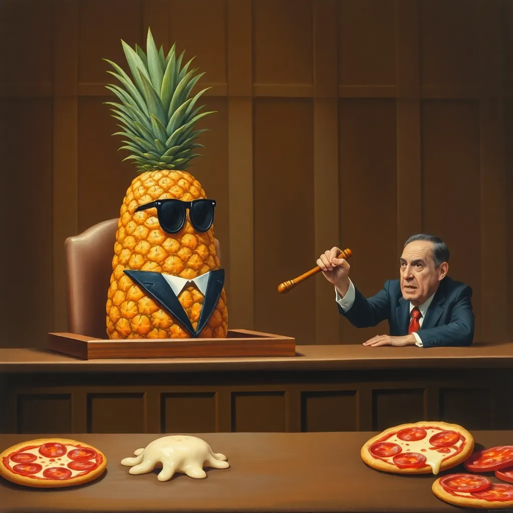 A surreal courtroom drama where a giant pineapple wearing a tiny suit is standing in a witness box, a judge made of melting mozzarella pointing a gavel at it, the jury is composed of angry pepperoni slices, oil painting style