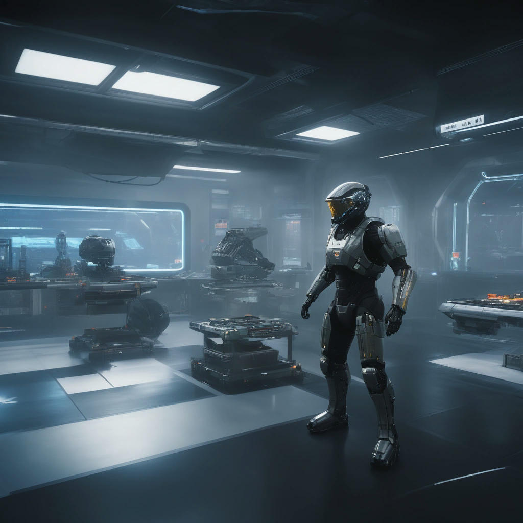 A futuristic, high-tech laboratory, with a player character in a sleek, advanced exosuit, surrounded by holographic displays and futuristic machinery, Call of Duty: Advanced Warfare, Sledgehammer Games, 2014