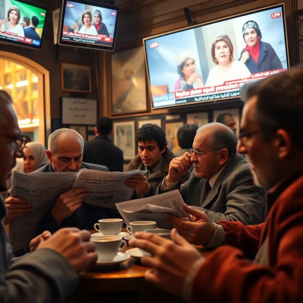 inside a bustling Middle Eastern café, patrons reading newspapers and arguing intensely while tiny cups of coffee rattle on saucers, television screens showing breaking news about a woman declaring herself president, expressive faces, rich textures, warm lighting, documentary style