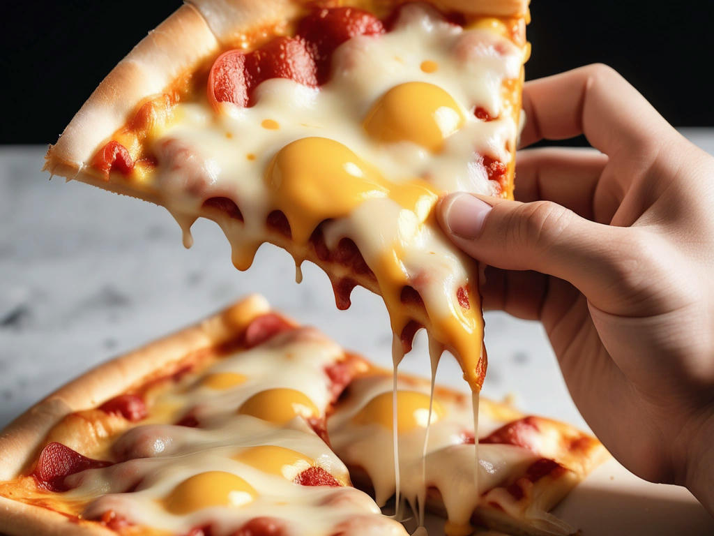 a person holding a triangular slice of pizza with gooey cheese stretching from the slice