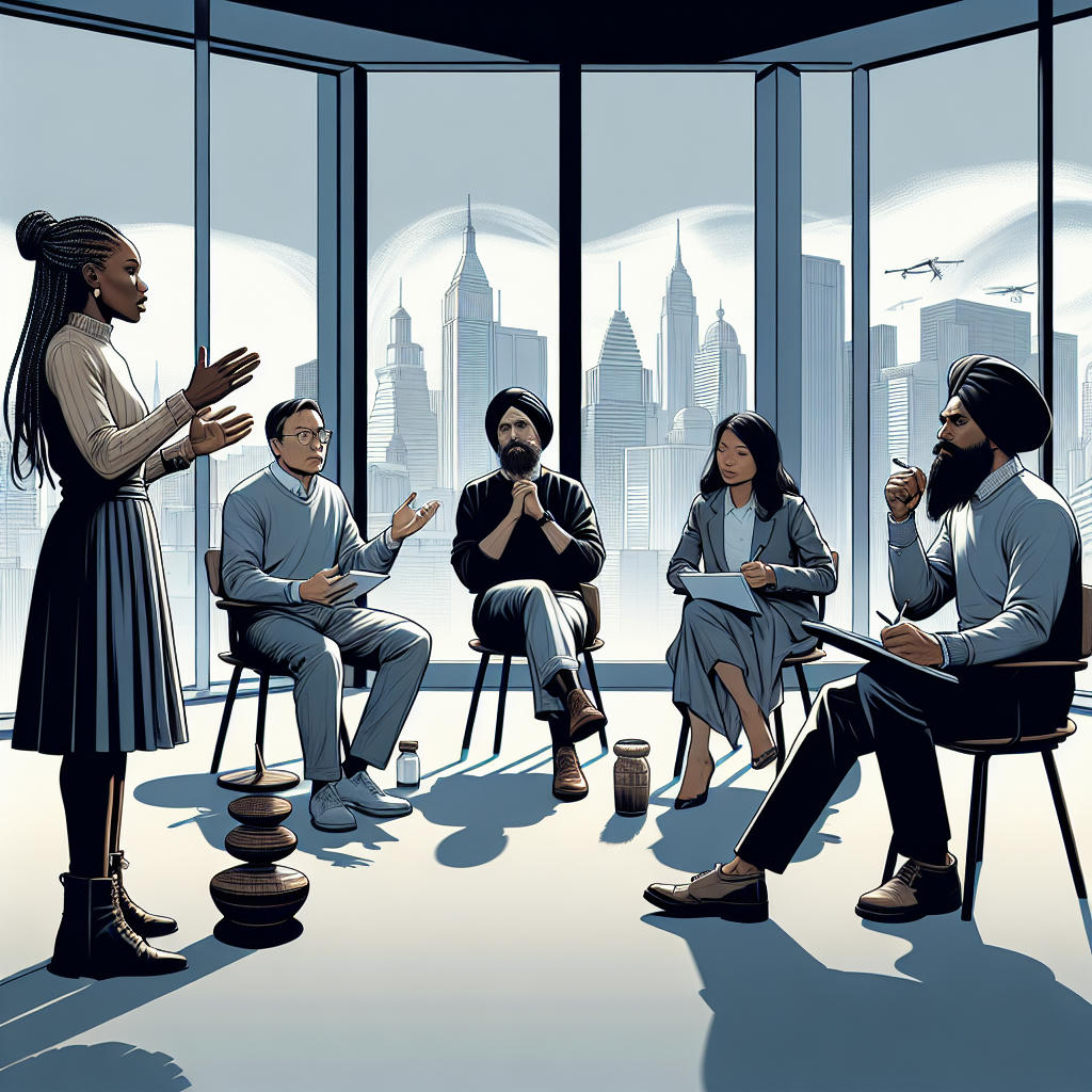 a philosophical debate scene with diverse individuals discussing leadership and identity, modern setting, highly detailed, thought-provoking, intense atmosphere