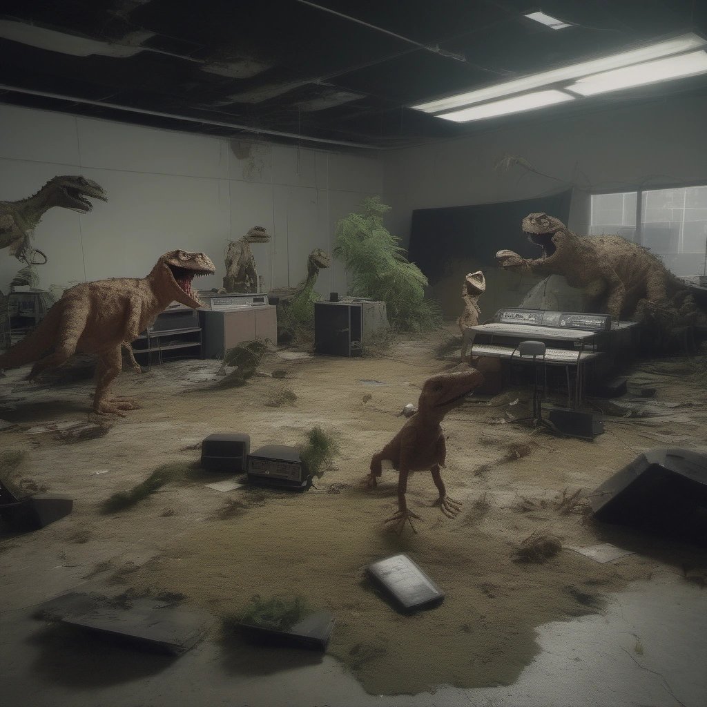Deserted TV studio with abandoned dinosaur puppets