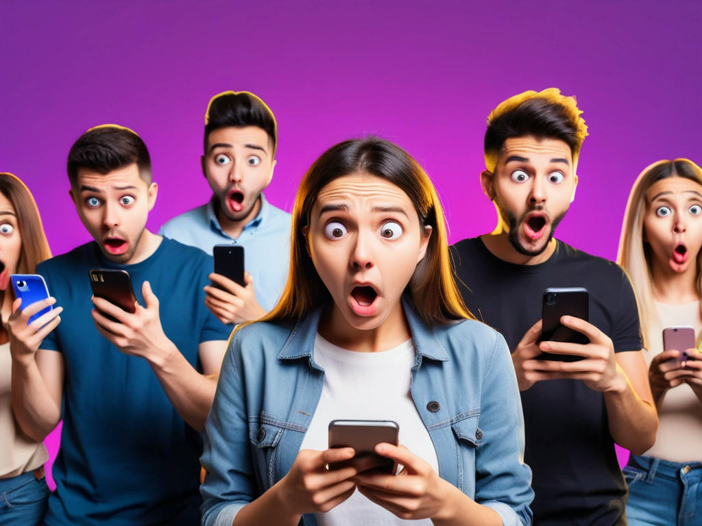 a group of people looking at their phones with shocked expressions, social media icons in the background