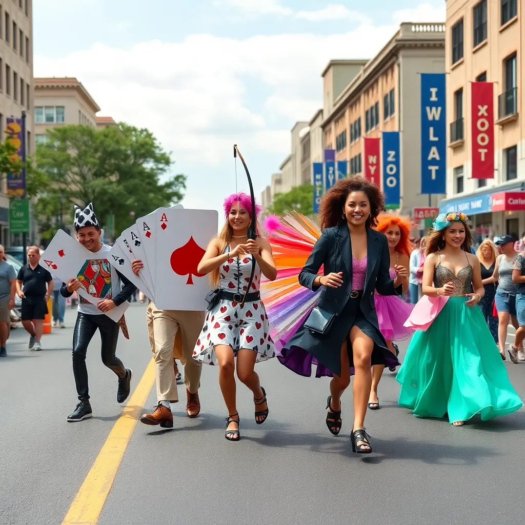a whimsical official parade featuring groups represented as their collective nouns: a deck of stylish aces with card-inspired motifs, a quiver of aros in coordinated motion, a byte of nonbinary people in futuristic fashion, a tandem of bi people with dynamic paired energy, colorful city street, celebratory yet refined