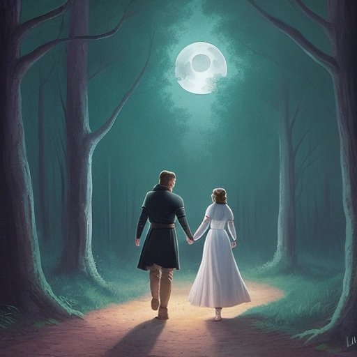 Luke and Leia walking through a moonlit forest
