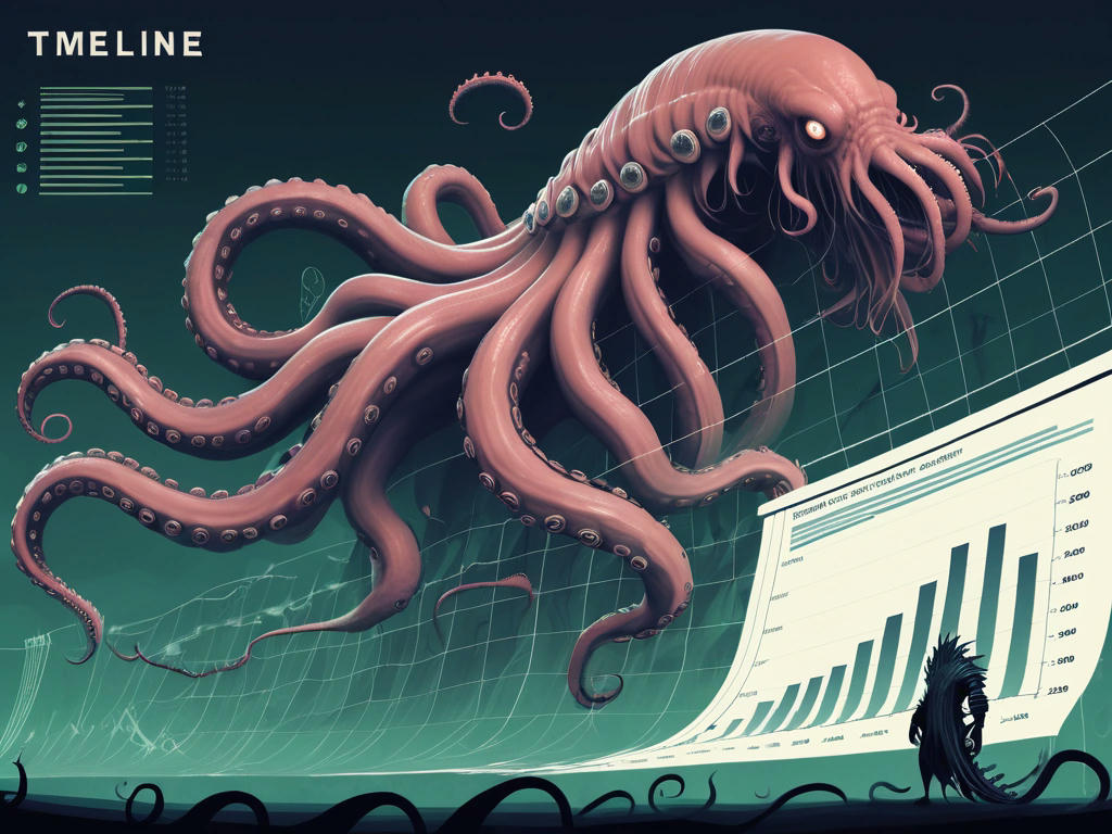 a monstrous creature with tentacles growing larger and more menacing, wrapping around a project timeline and budget chart