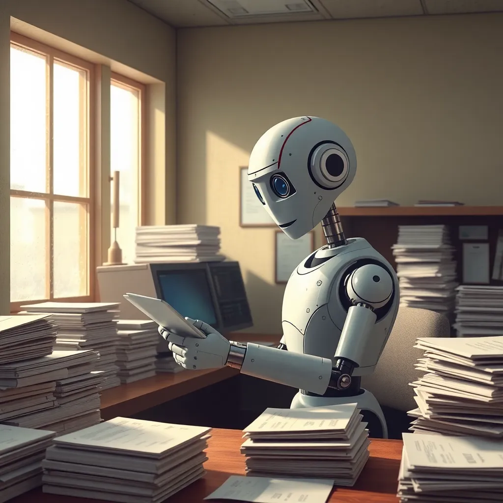 a serene robot in a quiet municipal records office happily organizing parking permit files, sunlight through dusty windows, stacks of paperwork neatly arranged, peaceful contrast to previous chaos, whimsical realistic style