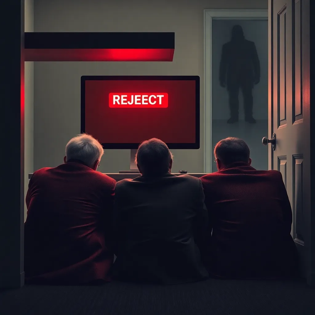 Three terrified academics in tweed jackets huddled under a conference table, peeking out at a single glowing red 'REJECT' button on a computer monitor that's visibly vibrating, shadows of massive boots looming in the doorway