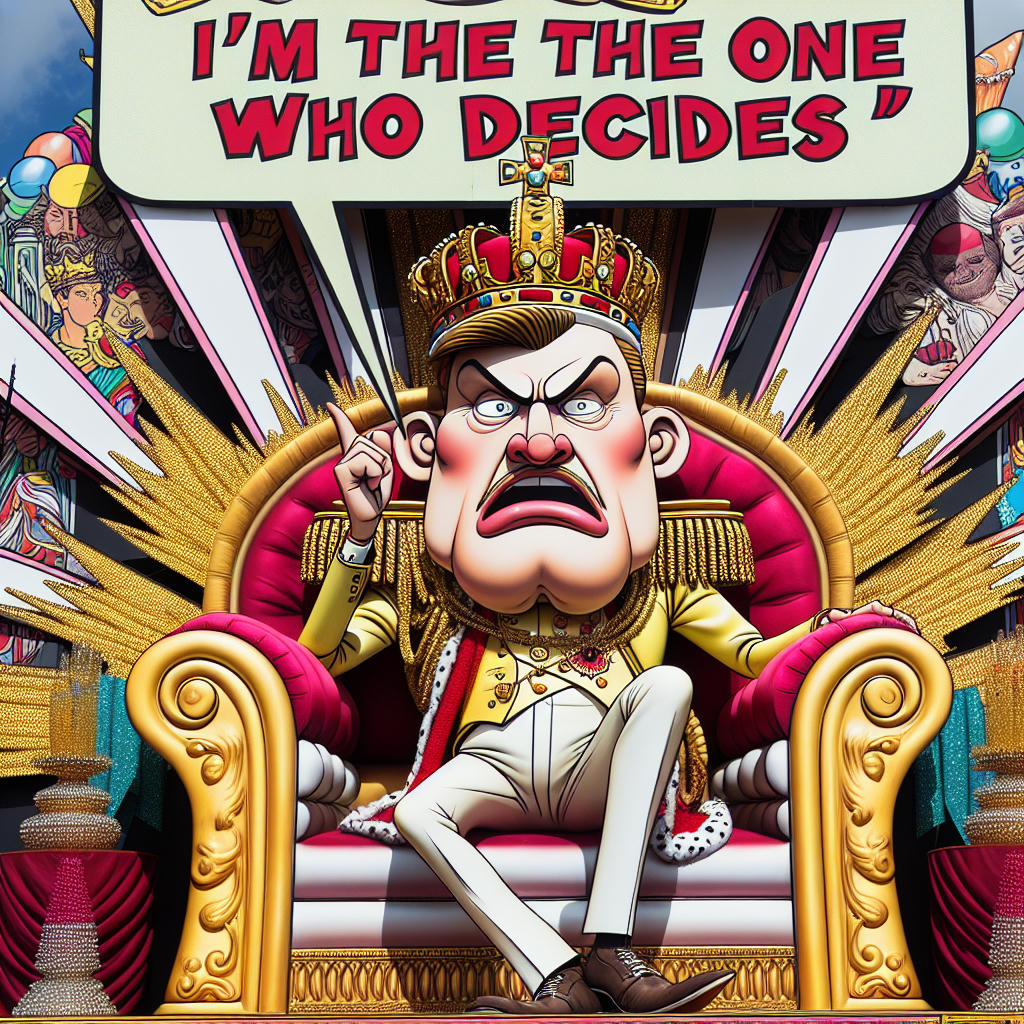 a caricature of a politician sitting on a throne, with a crown on his head, and a speech bubble saying 'I'm the one who decides', colorful, humorous, exaggerated, comic book style