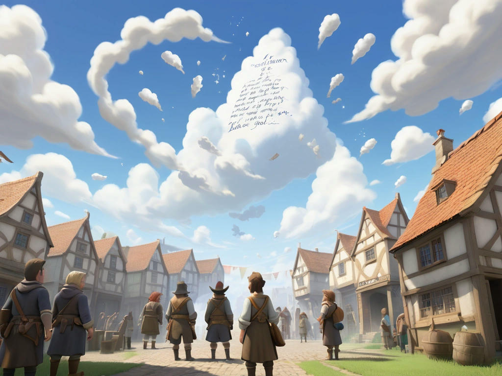 a message written in clouds, with the townsfolk looking up in wonder