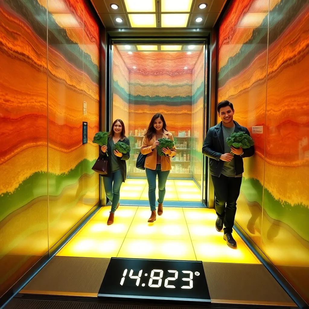 grocery store elevator descending through glowing geological layers, cheerful shoppers holding kale, digital floor display reading '-14,823'