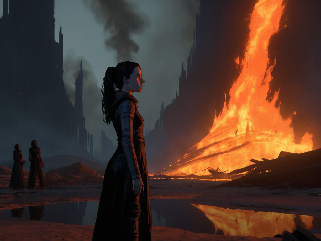 Elara standing in front of a large, burning fire, with The Unwritten in her hand, looking torn as she considers her options, while the void and its inhabitants look on