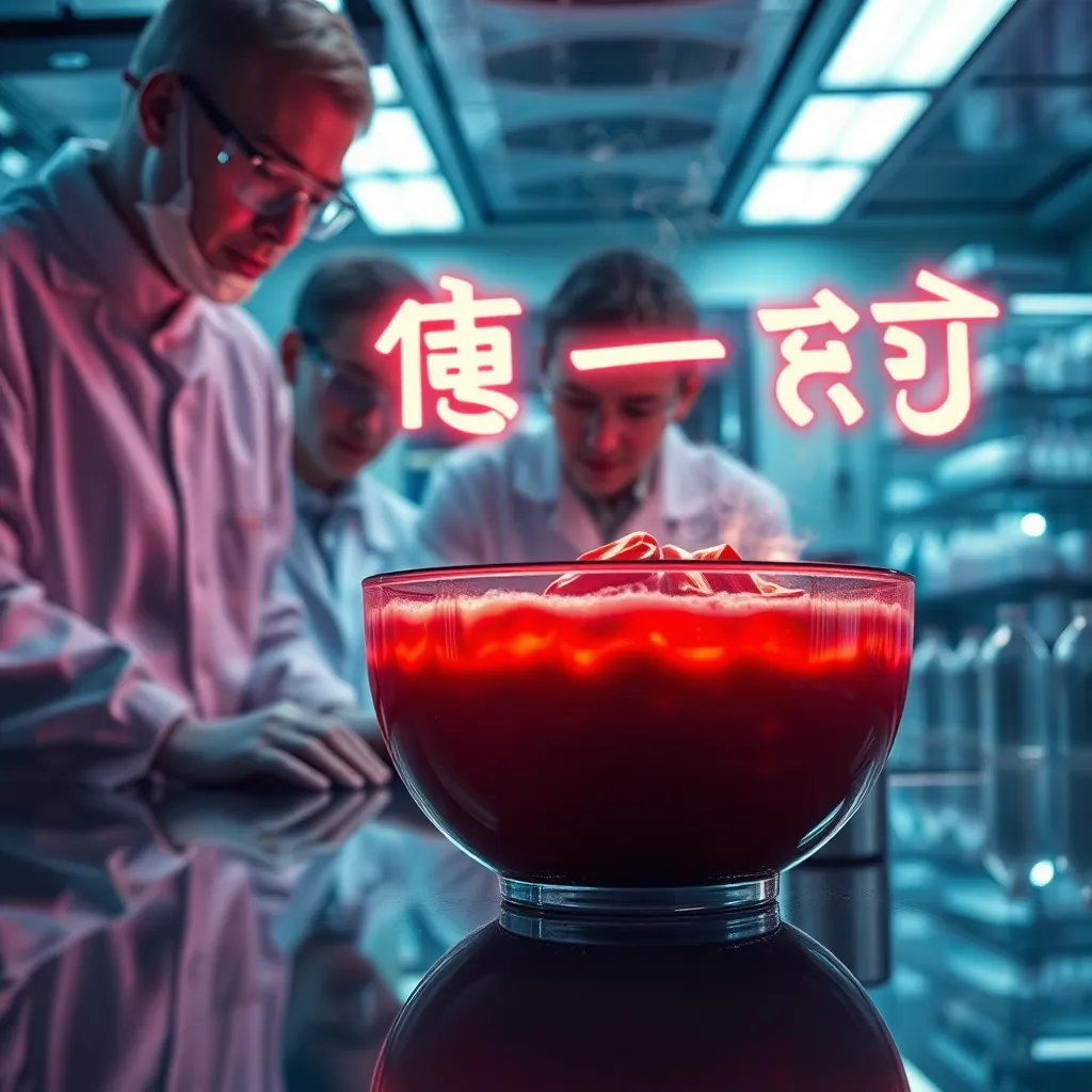 A high-tech laboratory where scientists are analyzing a glowing bowl of borscht, holographic words like 'ТЮ' and 'ШО' floating in the air, cinematic lighting, hyper-realistic