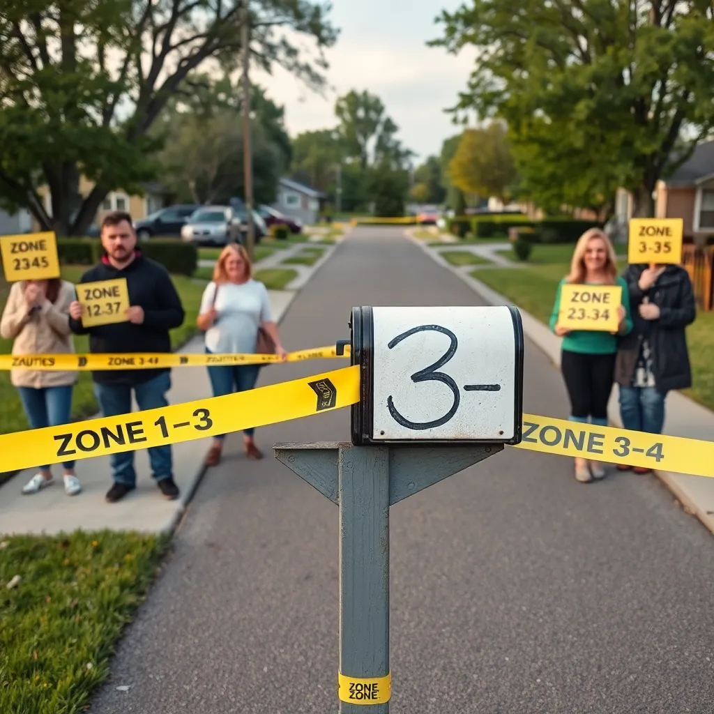 a suburban neighborhood divided by yellow caution tape labeled 'Zone 1-2-3' and 'Zone 3-4-5', confused residents holding number-shaped protest signs, a mailbox split down the middle with '3' painted in both zones