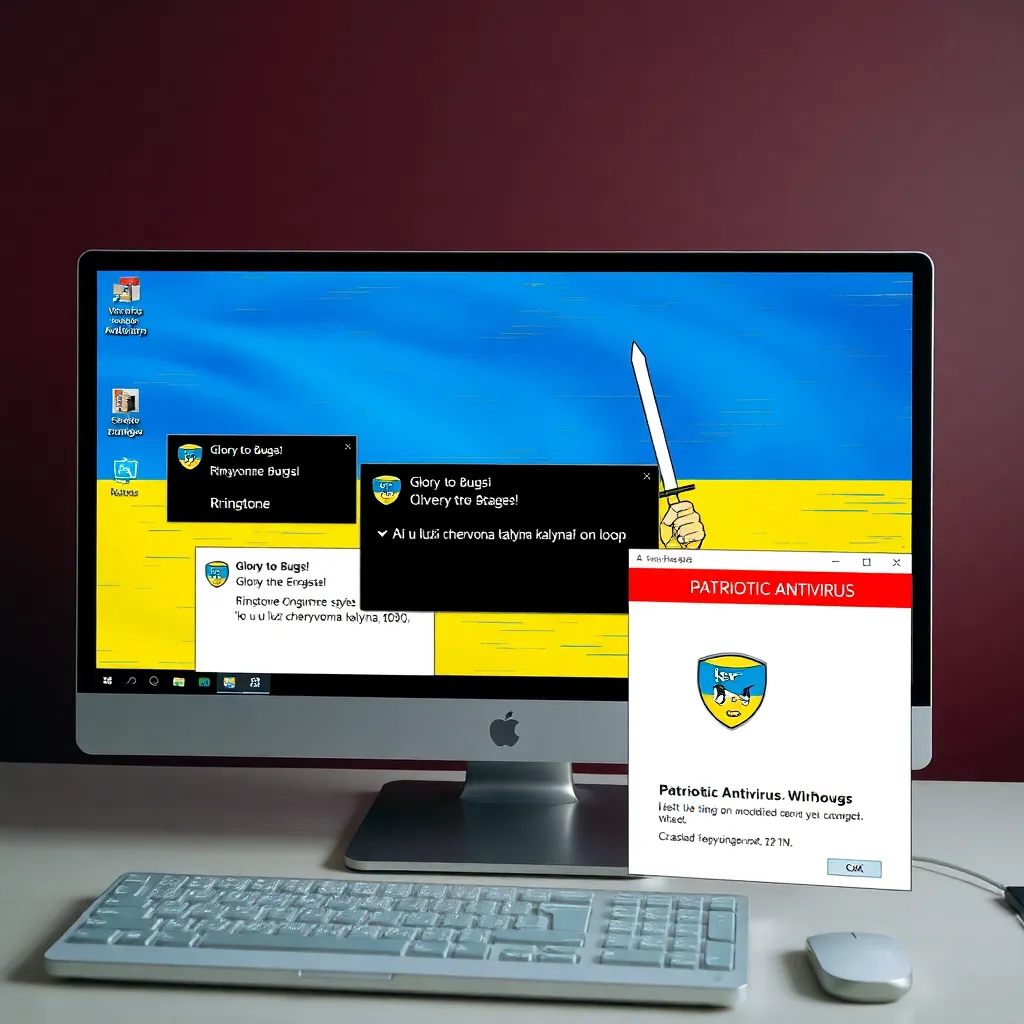 A glitching computer screen showing a Ukrainian flag desktop with pop-up errors labeled 'Glory to Bugs!', a ringtone menu playing 'Oi u luzi chervona kalyna' on loop, and a crashed 'Patriotic Antivirus' window with a cartoon Cossack waving a sword