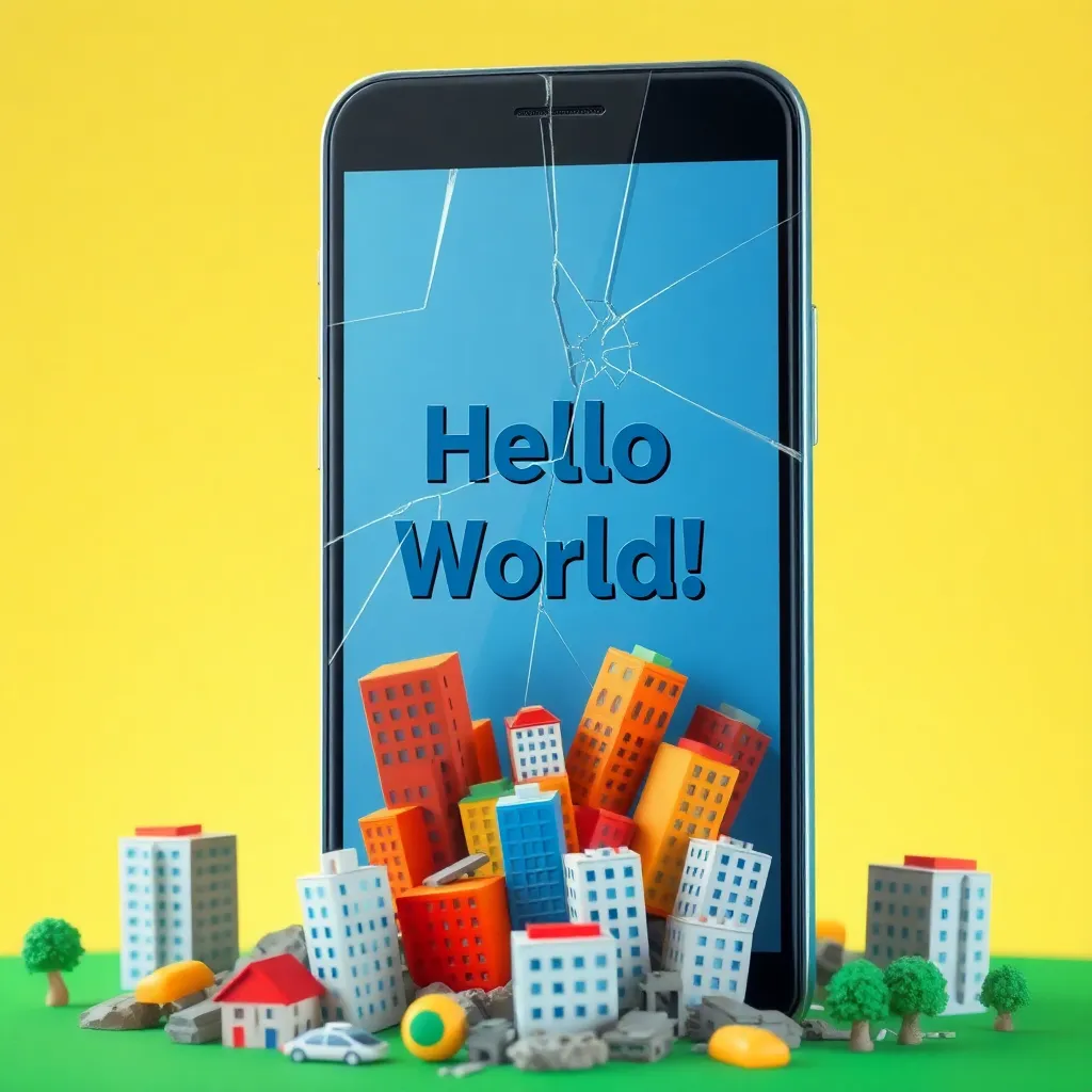 a cracked smartphone screen showing 'Hello World!' text causing literal earthquakes, with tiny buildings toppling over emoji-style