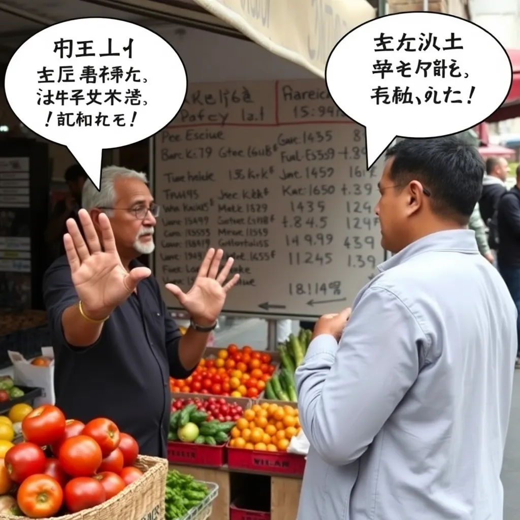 Market sellers forced into one new language per sentence, ending in price-by-gesture