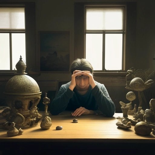 Person contemplating objects on a table