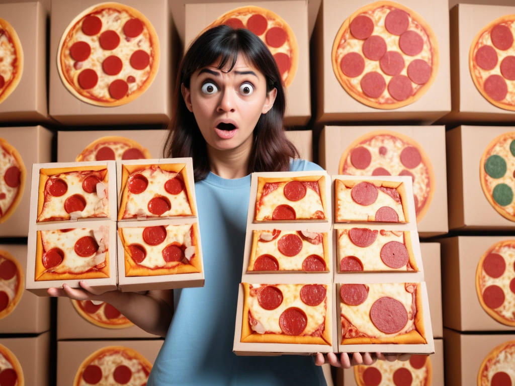 a person holding a triangular slice of pizza, with a puzzled expression, surrounded by round pizzas and square boxes