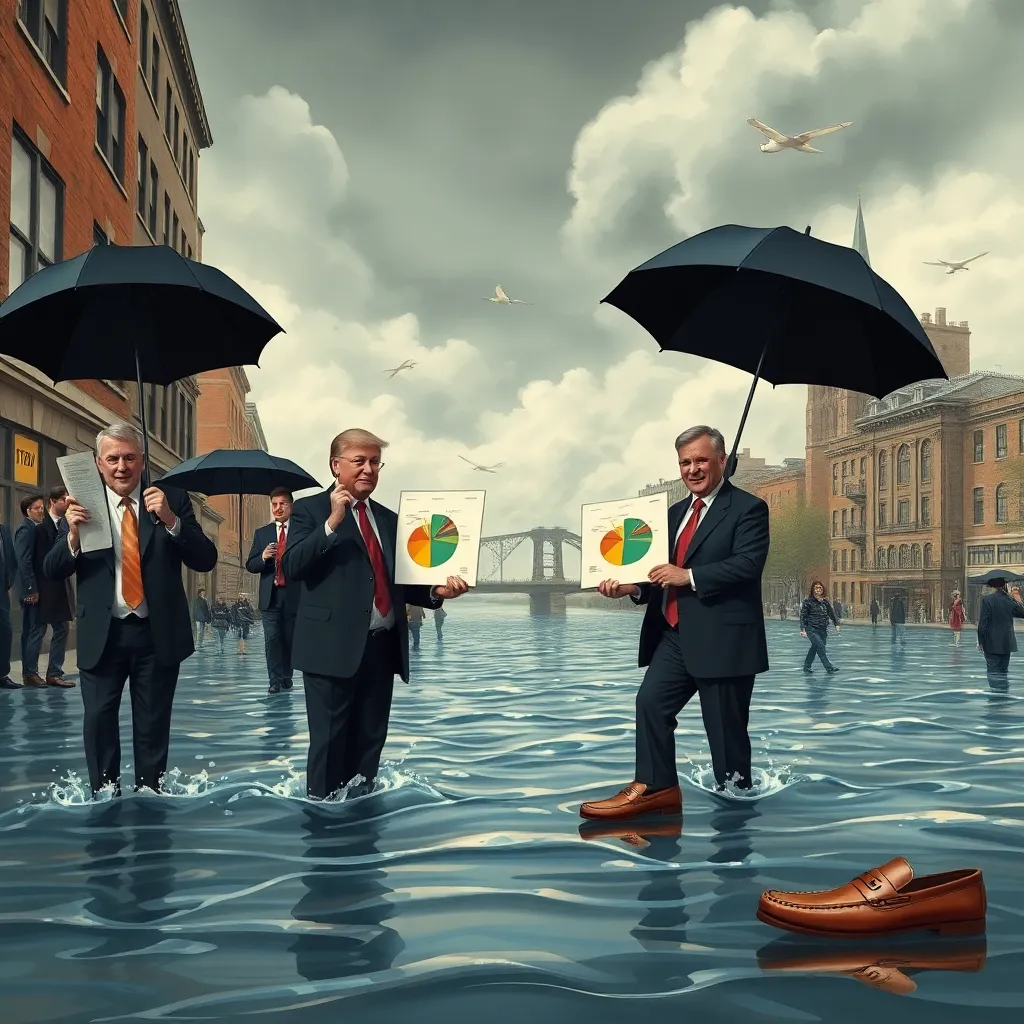 a flooded city street where suited officials hold pie charts and umbrellas near rising water, loafers soaked, rivers swelling in the background, dramatic clouds, richly detailed satirical editorial scene