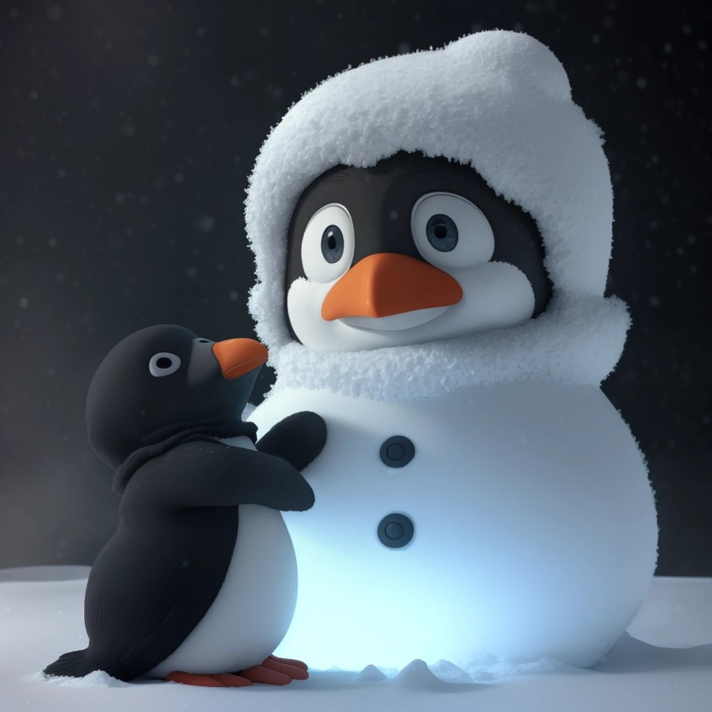 Pingu sculpting a snowman