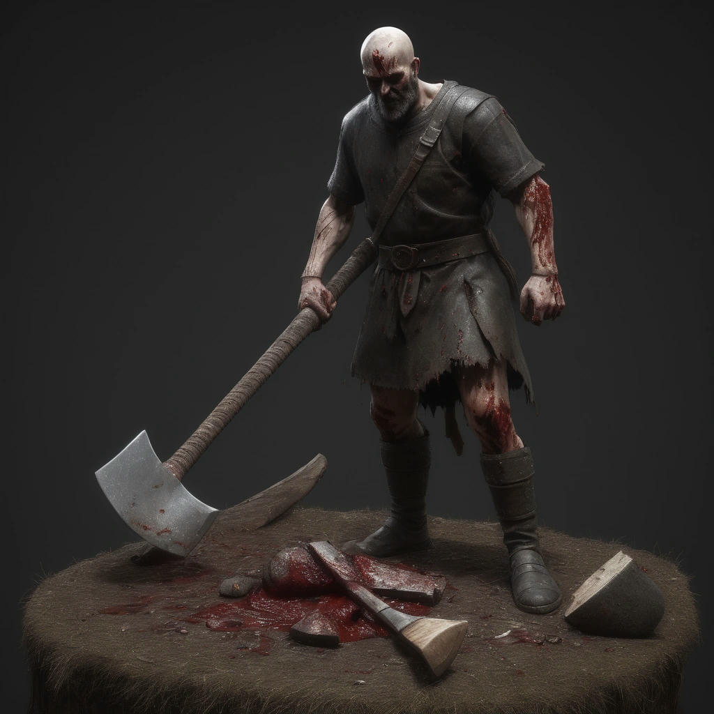 A figure wielding an axe, standing over a mutilated corpse, detailed, realistic, digital art