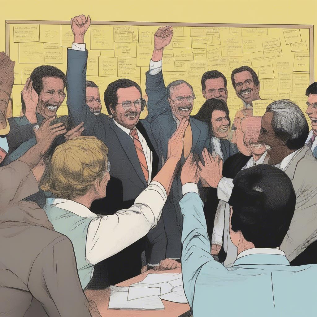 group of politicians from both parties high-fiving in front of a whiteboard covered in sticky notes reading 'Send It to Gaza', 1970s office aesthetic