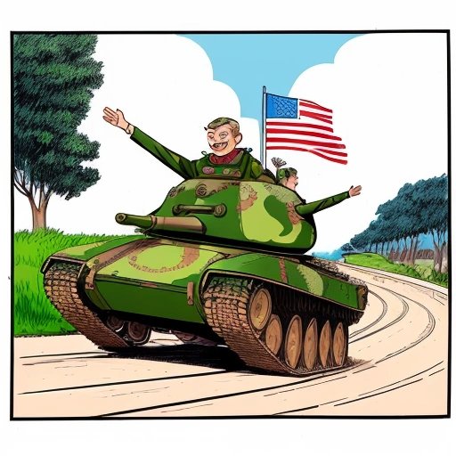 Citizens driving tanks down the road and waving